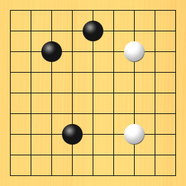 囲碁ルールと打ちかたを解説した対局例2の6手目から10手目までの図