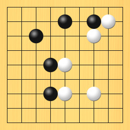囲碁ルールと打ちかたを解説した対局例2の11手目から15手目までの図