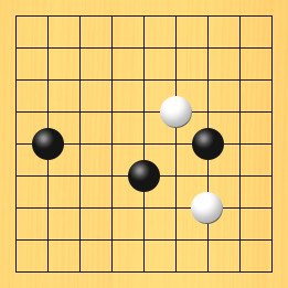 囲碁ルールと打ちかたを解説した対局例5の6手目から10手目までの図