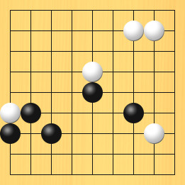 囲碁ルールと打ちかたを解説した対局例6の11手目から15手目までの図