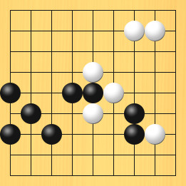 囲碁ルールと打ちかたを解説した対局例6の16手目から20手目までの図