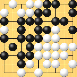 囲碁ルールと打ちかたを解説した対局例6の71手目から75手目までの図