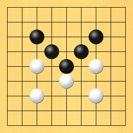 囲碁ルールと打ちかたを解説した対局例7の11手目から15手目までの図