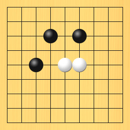 囲碁ルールと打ちかたを解説した対局例8の6手目から10手目までの図
