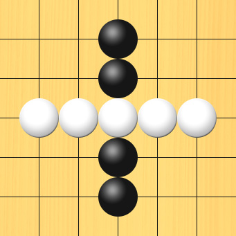 白が真ん中に打って白石5子が1本の線のようにつながり、黒石が2つに分断された図。盤面図、黒5の3、黒5の4、黒5の6、黒5の7。白3の5、白4の5、白5の5、白6の5、白7の5