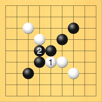 白がナナメの間にあてこんで、黒が切られないようにつないだ図。盤面図、黒3の7、黒4の6、黒5の5、黒6の4、黒7の3。白3の3、白4の4、白6の6、白7の7。進行手順、1手目・白5の6、2手目・黒4の5