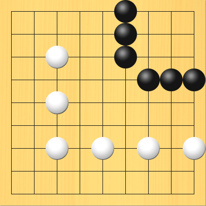 対局が進むにつれて白石がつながり陣地が確定していく様子。盤面図、黒6の1、黒6の2、黒6の3、黒7の4、黒8の4、黒9の4。白3の3、白3の5、白3の7、白5の7、白7の7、白9の7。進行手順、1手目・黒8の6、2手目・白8の7、3手目・黒6の6、4手目・白6の7、5手目・黒4の6、6手目・白4の7、7手目・黒4の5、8手目・白3の6、9手目・黒4の4、10手目・白3の4、11手目・黒4の2、12手目・白3の2、13手目・黒4の1、14手目・白3の1