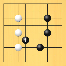 黒がノゾキを打った図。盤面図、黒7の3、黒7の5、黒6の7。白3の3、白3の5、白3の7。進行手順、1手目・黒4の6