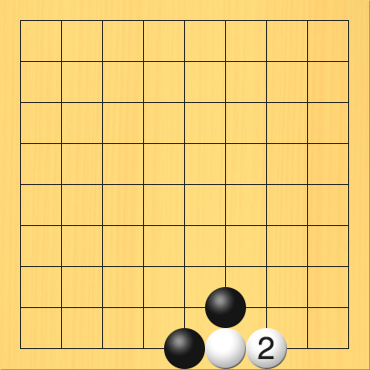 白がアタリの石につないで隅の方へ逃げた図。盤面図、白6の9。黒5の9、黒6の8。進行手順、2手目・白7の9。