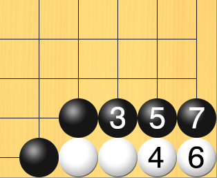 黒が白石に対して、さらに中央の方からアタリにして追いかけた図。盤面図、白6の9、白7の9。黒5の9、黒6の8。進行手順、3手目・黒7の8、4手目・白8の9、5手目・黒8の8、6手目・白9の9、7手目・黒9の8に打って、白石を盤上からすべて取り上げる
