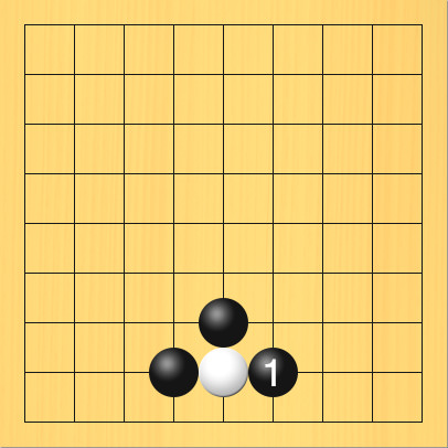 黒が2線にある白石に対して、2線からアタリをかけた図。盤面図、白5の8。黒4の8、黒5の7。進行手順、1手目・黒6の8