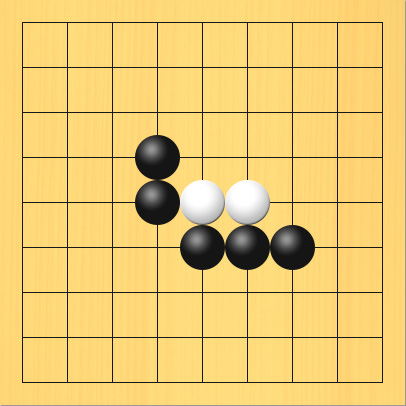 ゲタになる前の形で白石が2つある図。盤面図、白5の5、白6の5。黒4の4、黒4の5、黒5の6、黒6の6、黒7の6
