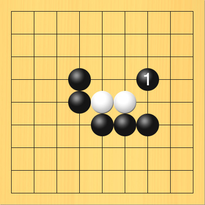 ゲタの形。盤面図、白5の5、白6の5。黒4の4、黒4の5、黒5の6、黒6の6、黒7の6。進行手順、1手目・黒7の4