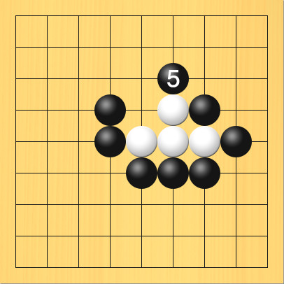 黒がうえの出口を封鎖してアタリをかけた図。盤面図、白5の5、白6の5、白7の5、白6の4。黒4の4、黒4の5、黒5の6、黒6の6、黒7の6、黒8の5、黒7の4。進行手順、5手目・黒6の3