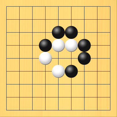 ウッテガエシになる前の形。盤面図、白5の6、白4の5、白5の4、白6の4。黒4の4、黒5の3、黒6の3、黒7の4、黒7の5、黒6の6