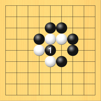 黒が白にわざと取られる場所に打った図。盤面図、白5の6、白4の5、白5の4、白6の4。黒4の4、黒5の3、黒6の3、黒7の4、黒7の5、黒6の6。進行手順、1手目・黒5の5