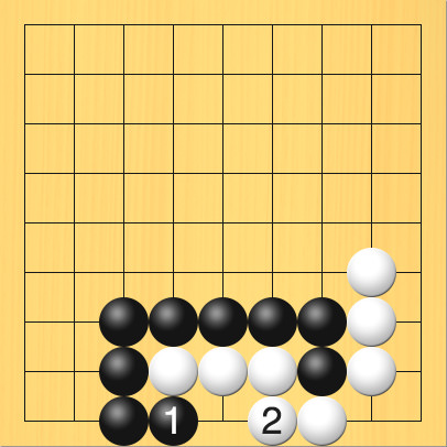 黒がホウリコミを打たずに左から囲おうとして白につながれた図。盤面図、白8の6、白8の7、白8の8、白7の9、白6の8、白5の8、白4の8。黒7の8、黒7の7、黒6の7、黒5の7、黒4の7、黒3の7、黒3の8、黒3の9。進行手順、1手目・黒4の9、2手目・白6の9