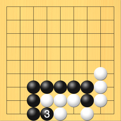 黒が外側からアタリをかけた図。盤面図、白8の6、白8の7、白8の8、白7の9、白6の8、白5の8、白4の8、白5の9。黒7の8、黒7の7、黒6の7、黒5の7、黒4の7、黒3の7、黒3の8、黒3の9。進行手順、3手目・黒4の9