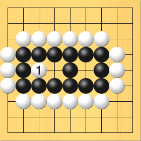 白が黒のめの中に打った図。進行手順、1手目・白3の5