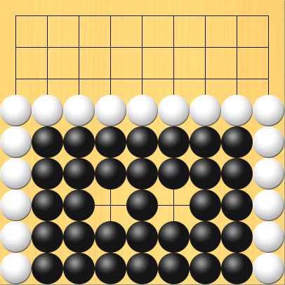 辺の2眼  その3。盤面図、黒2の9、黒2の8、黒2の7、黒2の6、黒2の5、黒3の5、黒4の5、黒5の5、黒6の5、黒7の5、黒8の5、黒8の6、黒8の7、黒8の8、黒8の9、黒7の9、黒6の9、黒5の9、黒4の9、黒3の9、黒3の8、黒3の7、黒3の6、黒4の6、黒5の6、黒6の6、黒7の6、黒7の7、黒7の8、黒6の8、黒5の8、黒4の8、黒5の7。白1の9、白1の8、白1の7、白1の6、白1の5、白1の4、白2の4、白3の4、白4の4、白5の4、白6の4、白7の4、白8の4、白9の4、白9の5、白9の6、白9の7、白9の8、白9の9