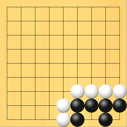 隅の2眼 その2。盤面図、黒6の9、黒6の8、黒7の8、黒8の8、黒9の8、黒8の9。白5の9、白5の8、白6の7、白7の7、白8の7、白9の7