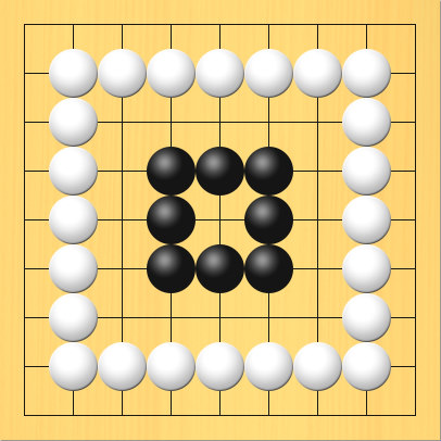 白の陣地の中に、めが1つしかない黒石がある図。盤面図、黒4の4、黒5の4、黒6の4、黒6の5、黒6の6、黒5の6、黒4の6、黒4の5。白2の2、白3の2、白4の2、白5の2、白6の2、白7の2、白8の2、白8の3、白8の4、白8の5、白8の6、白8の7、白8の8、白7の8、白6の8、白5の8、白4の8、白3の8、白2の8、白2の7、白2の6、白2の5、白2の4、白2の3
