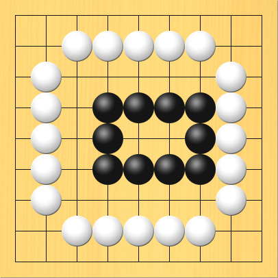 1がんで死んでいる黒石の例、その1。盤面図、黒4の4、黒5の4、黒6の4、黒7の4、黒7の5、黒7の6、黒6の6、黒5の6、黒4の6、黒4の5。白3の2、白4の2、白5の2、白6の2、白7の2、白8の3、白8の4、白8の5、白8の6、白8の7、白7の8、白6の8、白5の8、白4の8、白3の8、白2の7、白2の6、白2の5、白2の4、白2の3
