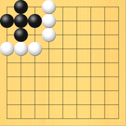 1がんで死んでいる黒石の例、その3。盤面図、黒1の2、黒2の1、黒2の2、黒2の3、黒3の2。白1の4、白2の4、白3の4、白4の3、白4の2、白4の1