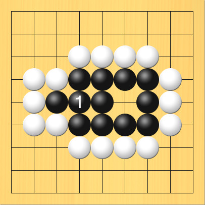 黒がアタリになっている石をつないだ図。盤面図、黒3の5、黒4の4、黒5の4、黒6の4、黒7の4、黒7の5、黒7の6、黒6の6、黒5の6、黒4の6、黒5の5。白4の3、白5の3、白6の3、白7の3、白8の4、白8の5、白8の6、白7の7、白6の7、白5の7、白4の7、白3の6、白2の6、白2の5、白2の4、白3の4。進行手順、1手目・黒4の5