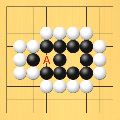 欠けめの部分にAと印をつけた図。盤面図、黒3の5、黒4の4、黒5の4、黒6の4、黒7の4、黒7の5、黒7の6、黒6の6、黒5の6、黒4の6、黒5の5。白4の3、白5の3、白6の3、白7の3、白8の4、白8の5、白8の6、白7の7、白6の7、白5の7、白4の7、白3の6、白2の6、白2の5、白2の4、白3の4。Aの場所、4の5