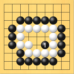 黒が白の5もくの陣地の中に打った図。盤面図は最初と同じ。進行手順、1手目・黒6の6