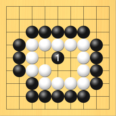 黒が正解の場所に打った図。盤面図は最初と同じ。進行手順、1手目・黒5の5