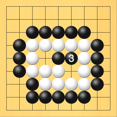 黒が白の陣地の中に打った図。進行手順、3手目・黒6の5