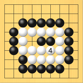 白が4手目で陣地の中に打った場合の想定図。仮の進行手順、4手目・白6の6