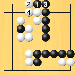 黒石を左上にはねて境界線を作った図。盤面図、黒3の4、黒6の2、黒6の3、黒6の4、黒6の5、黒5の8、黒5の7、黒6の7、黒7の7、黒8の7、黒9の7。白5の2、白5の3、白3の3、白4の4、白4の5、白3の5、白4の7、白4の8、白8の8、白9の8。実際の進行手順、1手目・黒5の1、2手目・白4の1、3手目・黒6の1、4手目・白4の2