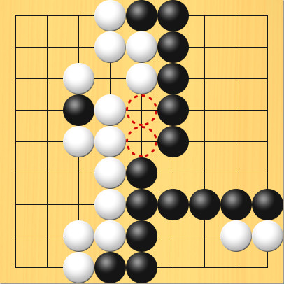 ダメの場所に赤丸印を付けた図。盤面図、黒3の4、黒5の1、黒6の1、黒6の2、黒6の3、黒6の4、黒6の5、黒5の6、黒5の7、黒5の8、黒5の9、黒4の9、黒6の7、黒7の7、黒8の7、黒9の7。白4の1、白4の2、白5の2、白5の3、白3の3、白4の4、白4の5、白3の5、白4の6、白4の7、白4の8、白3の8、白3の9、白8の8、白9の8。ダメの場所、5の4、5の5