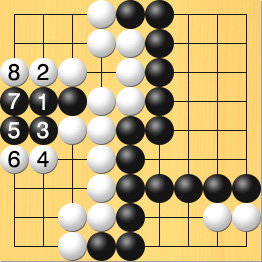 黒が、左側白の陣地の中に取り残されている黒石を助けようとしたけど、結局最後には白に追いつめられて取られた図。盤面図、黒3の4、黒5の1、黒6の1、黒6の2、黒6の3、黒6の4、黒6の5、黒5の5、黒5の6、黒5の7、黒5の8、黒5の9、黒4の9、黒6の7、黒7の7、黒8の7、黒9の7。白4の1、白4の2、白5の2、白5の3、白5の4、白3の3、白4の4、白4の5、白3の5、白4の6、白4の7、白4の8、白3の8、白3の9、白8の8、白9の8。進行手順、1手目・黒2の4、2手目・白2の3、3手目・黒2の5、4手目・白2の6、5手目・黒1の5、6手目・白1の6、7手目・黒1の4、8手目・白1の3に打って、黒1の4、黒1の5、黒2の4、黒2の5、黒3の4の石を取る