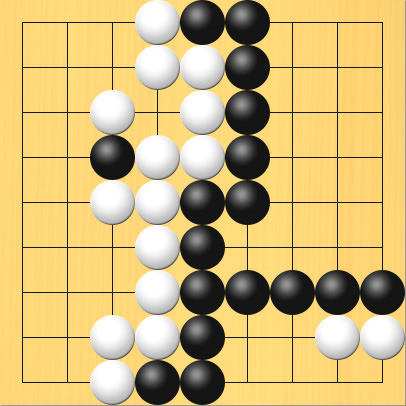 対局が終わったときの図。盤面図、黒3の4、黒5の1、黒6の1、黒6の2、黒6の3、黒6の4、黒6の5、黒5の5、黒5の6、黒5の7、黒5の8、黒5の9、黒4の9、黒6の7、黒7の7、黒8の7、黒9の7。白4の1、白4の2、白5の2、白5の3、白5の4、白3の3、白4の4、白4の5、白3の5、白4の6、白4の7、白4の8、白3の8、白3の9、白8の8、白9の8