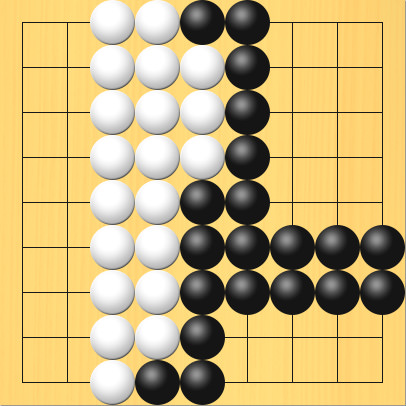 死んだ石とアゲハマを移動させて整地が終わったあとの図。盤面図、黒5の1、黒6の1、黒6の2、黒6の3、黒6の4、黒6の5、黒5の5、黒5の6、黒5の7、黒5の8、黒5の9、黒4の9、黒6の6、黒7の6、黒8の6、黒9の6、黒6の7、黒7の7、黒8の7、黒9の7。白3の1、白3の2、白3の3、白3の4、白3の5、白3の6、白3の7、白3の8、白3の9、白4の1、白4の2、白4の3、白4の4、白4の5、白4の6、白4の7、白4の8、白5の2、白5の3、白5の4