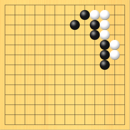 黒が厚みを作っている図。盤面図、黒4の3、黒5の2、黒6の3、黒6の4、黒7の5、黒7の6、黒7の7。白6の2、白7の2、白7の3、白7の4、白8の5、白8の6