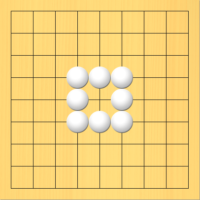 真ん中が1つ空いている眼の形。盤面図、白4の4、白5の4、白6の4、白6の5、白6の6、白5の6、白4の6、白4の5