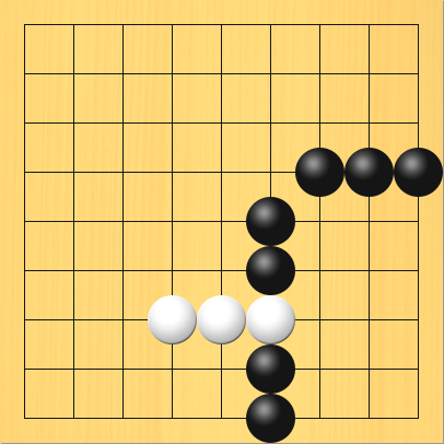 右下の黒の陣地に白が侵入しようとしている図。盤面図、黒9の4、黒8の4、黒7の4、黒6の5、黒6の6、黒6の8、黒6の9。白4の7、白5の7、白6の7