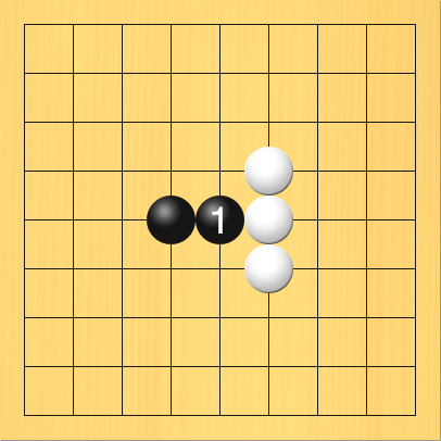 黒がブツカリを打った図。盤面図、黒4の5。白6の4、白6の5、白6の6。進行手順、1手目・黒5の5