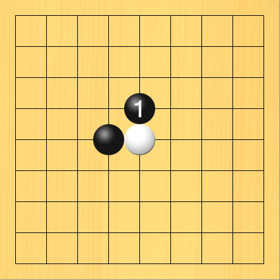 黒がハネた図。盤面図、黒4の5。白5の5。進行手順、1手目・黒5の4