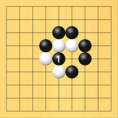 黒がホウリコミを打った図。盤面図、白5の6、白4の5、白5の4、白6の4。黒4の4、黒5の3、黒6の3、黒7の4、黒7の5、黒6の6。進行手順、1手目・黒5の5