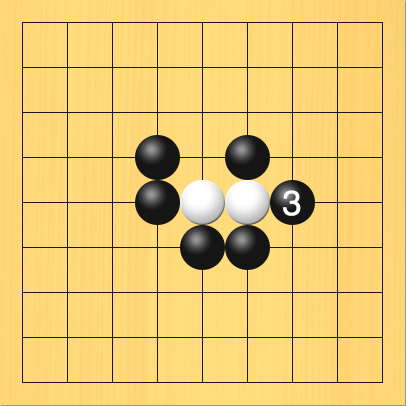 黒が出口を封鎖して、白に逃げられないようにした図。進行手順、3手目・黒7の5