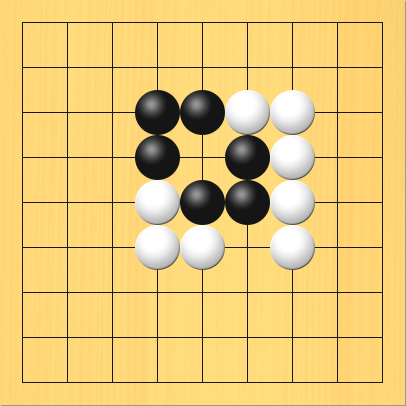 黒石に欠けめがある図。盤面図、黒4の4、黒4の3、黒5の3、黒6の4、黒6の5、黒5の5。白4の5、白4の6、白5の6、白6の3、白7の3、白7の4、白7の5、白7の6