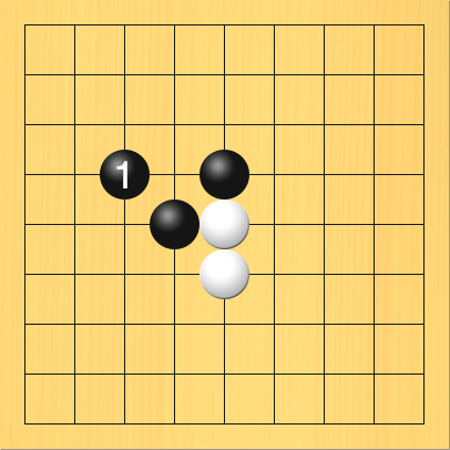 黒がカケツギを打った図。盤面図、黒5の4、黒4の5。白5の5、白5の6。進行手順、1手目・黒3の4