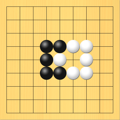 石が増えたコウの形。盤面図、黒5の4、黒4の4、黒4の5、黒4の6、黒5の6。白5の5、白6の4、白7の4、白7の5、白7の6、白6の6。