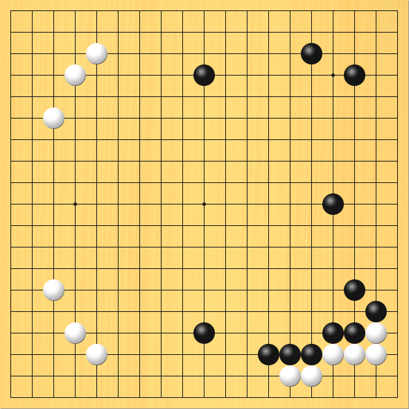 19路の碁盤で、黒がおお模様を作っている図。盤面図、黒10の4、黒15の3、黒17の4、黒16の10、黒17の14、黒18の15、黒17の16、黒16の16、黒15の17、黒14の17、黒13の17、黒10の16。白5の3、白4の4、白3の6、白3の14、白4の16、白5の17、白14の18、白15の18、白16の17、白17の17、白18の17、白18の16